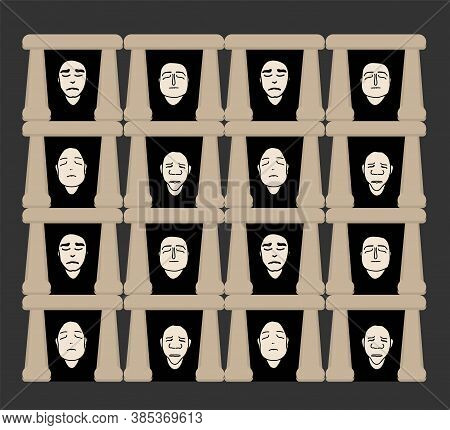Black And White House. Museum Of Human Faces. God Of Death. Vector Illustration