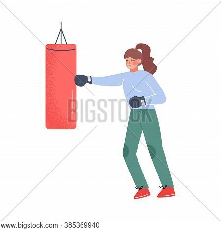 Young Woman Hitting Punching Bag With Boxing Gloves To Calm Down Stressful Emotion, Person Relaxing,