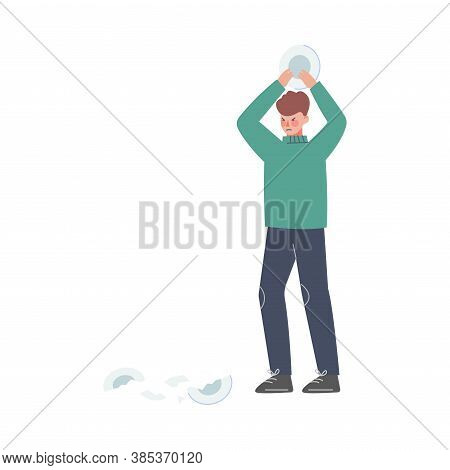 Man Breaking Dishes To Calm Down Stressful Emotion, Person Relaxing, Reducing And Managing Stress Ca