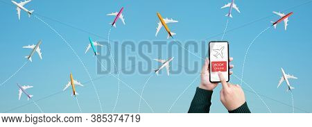 Travel And Journey Trip Concepts With Female Hand Using Smartphone For Booking Online Ticket On Grou
