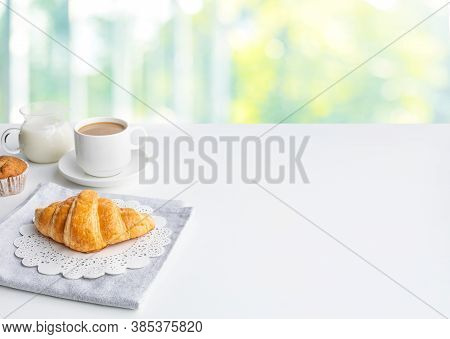 Set Of Breakfast Food Or Bakery With Coffee,milk On Table Kitchen Background.eating And Nutrition In