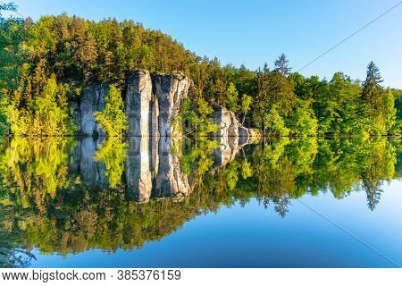 Sandstone Rock Towers Reflected In Vezak Pond, Czech: Vezicky Rybnik, Bohemian Paradise, Czech: Cesk