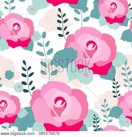 Pink Roses Seamless Pattern. Floral Vintage Soft Textile Pattern. Beautiful Hand-drawn Botanical Vec