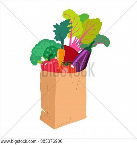 Package With Products From The Store. A Set Of Useful Products. Food Delivery To Your Home. Vector I