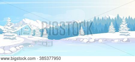 Residence In Winter Woods Flat Color Vector Illustration. Home Near Icy Lake. Cold Weather In Countr