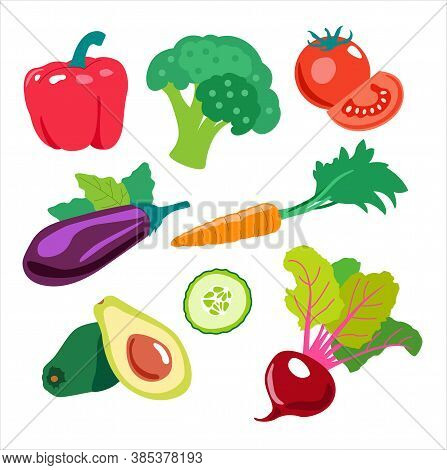 Vegetables Set. Avocado, Pepper, Cucumber, Tomato, Broccoli, Eggplant, Carrot, Beets. Round Sticker,