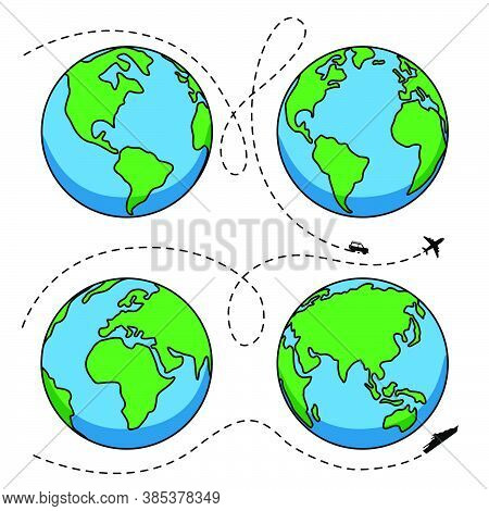 Vector Illustration Of Globes. Travel And Transportation.