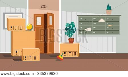 Moving Concept, Cardboard Carton Boxes With Household Belongings In Corridor, Packed Boxes On Floor 