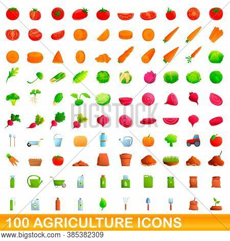 100 Agriculture Icons Set. Cartoon Illustration Of 100 Agriculture Icons Vector Set Isolated On Whit