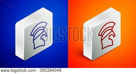 Isometric Line Greek Helmet Icon Isolated On Blue And Orange Background. Antiques Helmet For Head Pr
