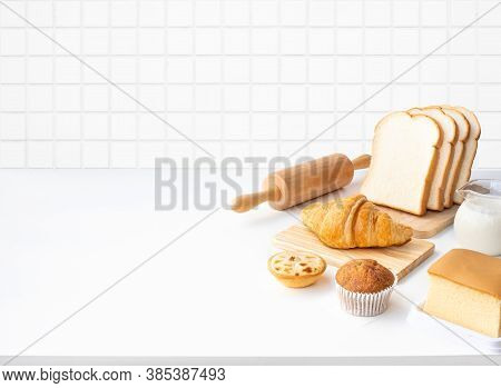Set Of Breakfast Food Or Bakery,cake On White Table Kitchen Background.cooking And Eating With Healt