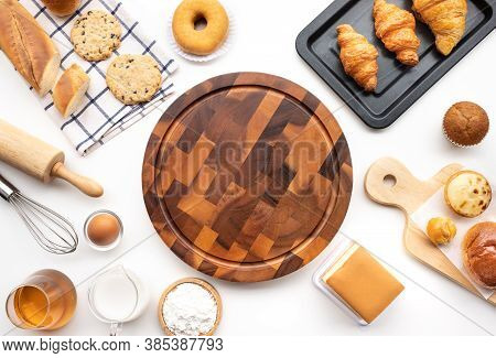 Set Of Breakfast Food Or Bakery,cake On Table Background.cooking And Eating With Healthy Lifestyle.t