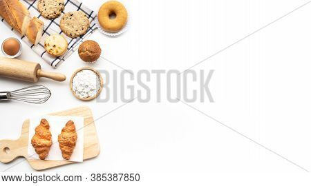 Set Of Breakfast Food Or Bakery,cake On Table Background.cooking And Eating With Healthy Lifestyle.t