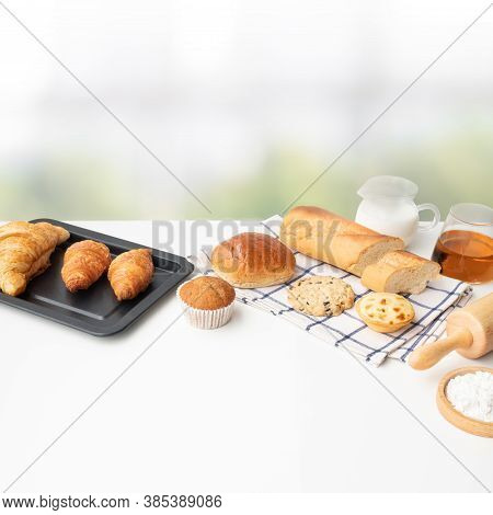 Set Of Breakfast Food Or Bakery,cake On Table Kitchen Background.cooking And Eating With Healthy Lif