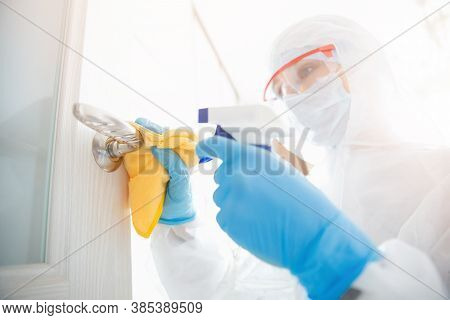 Disinfection And Cleaning Door Handles Of House From Infection With Virus And Microbes In Biochemica