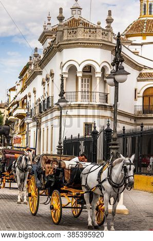 Seville, Spain - March Circa, 2020. Plaza De Toros De La Maestranza, From The Steet, Outside, At Sev