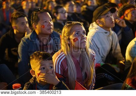 Hanoi-December 10, 2019. Vietnamese fans celebrate the men's gold medal at Sea Games 2019. The first