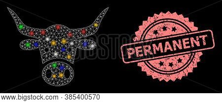 Shiny Mesh Network Cow Head With Glowing Spots, And Permanent Textured Rosette Stamp Seal. Illuminat