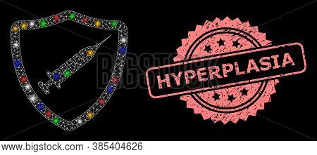 Shiny Mesh Web Vaccine Shield With Lightspots, And Hyperplasia Grunge Rosette Stamp Seal. Illuminate