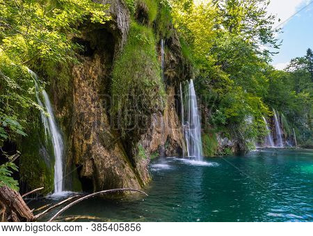 Beautiful Falling Water Streams. Galovac, Plitvice Lakes, Croatia.