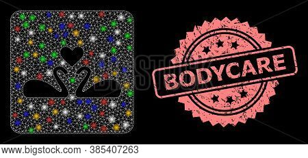 Shiny Mesh Network Love Swans With Light Dots, And Bodycare Unclean Rosette Stamp. Illuminated Vecto