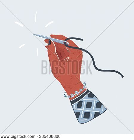 Vector Illustration Of Human Hands Holding Threet With Needle Isolated On White