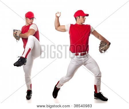 Jugador de béisbol pitching. Estudio de tiro sobre blanco.