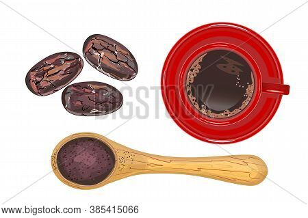 Set Of Cocoa. Cocoa Powder, Wooden Spoon, Cacao Beans And Cup Of Hot Chocolate Isolated On White Bac