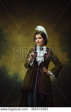 Shoting Gun, Killer. Modern Trendy Look, Portrait Of Renaissance Period Beautiful Woman. Retro Style