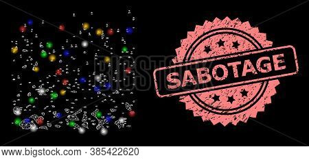 Glowing Mesh Network Powder Participles With Glowing Spots, And Sabotage Rubber Rosette Seal Print. 