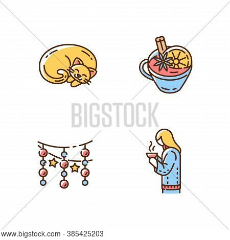 Hyggelig Atmosphere Rgb Color Icons Set. Winter Holiday Hot Drinks. Mulled Wine. Sweater Girl With M