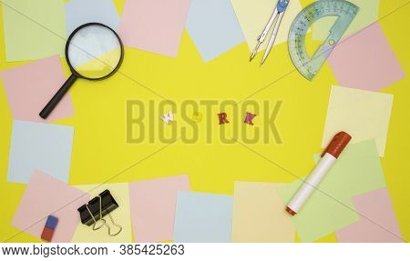 The Concept Of Motivation, Work. The Word Work In The Center On A Yellow Background, Colored Letters
