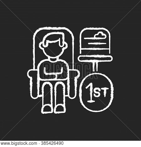 First Class Travel Chalk White Icon On Black Background. Luxury Railway Tourism, Premium Service. Tr