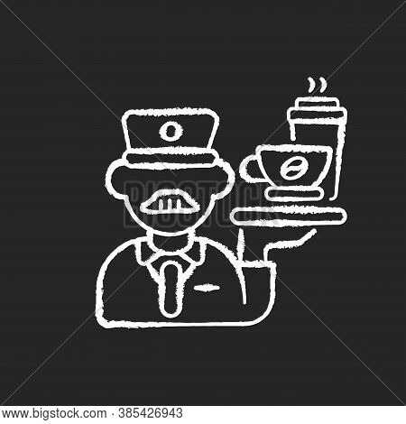 Stewart Chalk White Icon On Black Background. Railway Service, Comfortable Railroad Travel. Professi
