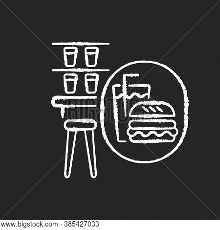 Snack Bar Chalk White Icon On Black Background. Onboard Restaurant Wagon For Passengers. Railroad Tr