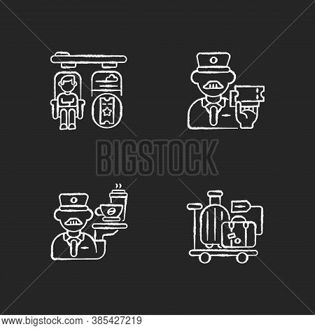 Premium Railway Service Chalk White Icons Set On Black Background. Private Accommodation, Personal S