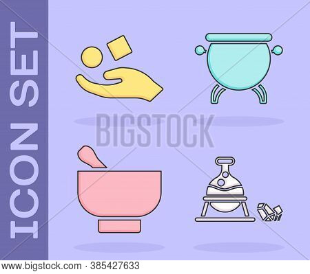 Set Witch Cauldron And Magic Stone, Cube Levitating Above Hand, Magic Mortar And Pestle And Witch Ca