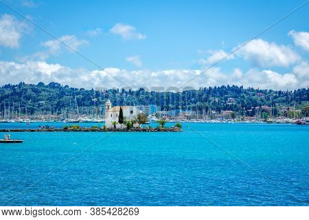 Corfu Island/greece- May 5, 2019: View Of Beautiful Gouvia Bay, Ancient Ypapanti Church - Small Whit