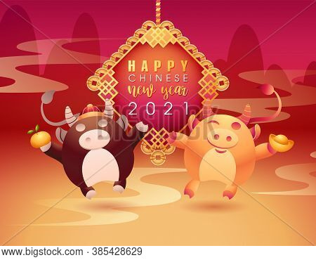 Happy Chinese New Year Congratulation Card. Oriental Bull, Ox Mascot Holds Gold Ingot And Tangerine 
