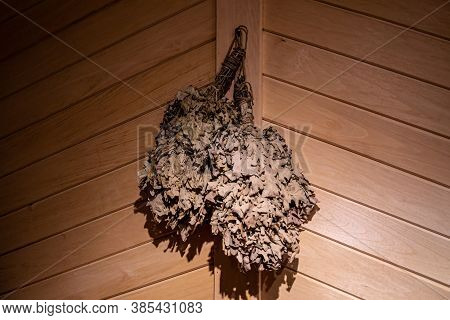 Oak Bath Broom Russian Banya Venik For Sauna Weighs On The Wood Wall