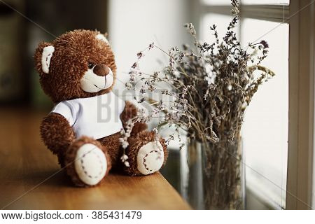 A Toy Bear Looks Out The Window On A Winter Day. The Concept Of Friendship, Loneliness And Expectati