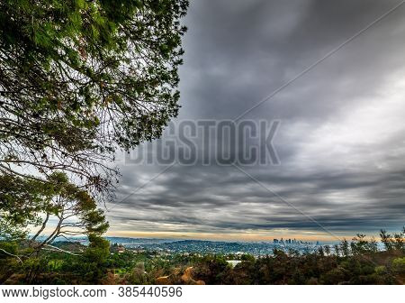 Los Angeles Under An Overast Sky Seen From Bronson Canyon. Southern California, Usa