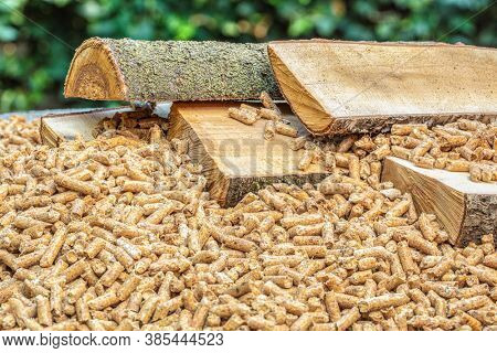 tree trunks and wood pellets. biomass for fuel.