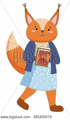 A Squirrel Schoolgirl With Stack Of Books In Hands Is Standing At Full Heigth. Smart Active Pupil En