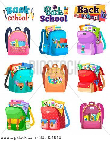 Colored School Backpack. Education And Study Back To School, Schoolbag Luggage, Rucksack Vector Illu