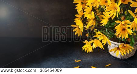 Autumn Banner. Yellow Flowers On Gark Background. Copy Space For Text. Flowers Shop Concept. Hello A