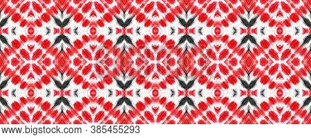 Tibetan Fabric. Abstract Shibori Design. Red, Black, White Seamless Texture. Repeat Tie Dye Rapport.