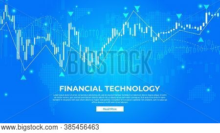 Financial Technology - Fintech Webpage Banner Concept. Stock Market Vector Banner On Blue Background