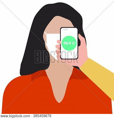 Vector Illustration Phone Placed On Forehead Of Person Remotely Measures Temperature. New Technology