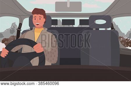 Traveling Of Man Sitting In Car Near Snowy Mountains In Countryside. Happy Person Wearing Jacket Dri
